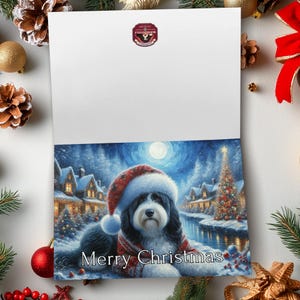 Christmas card with dog, holiday greeting card, Merry Christmas card, festive winter dog scene card, Christmas card for dog lover