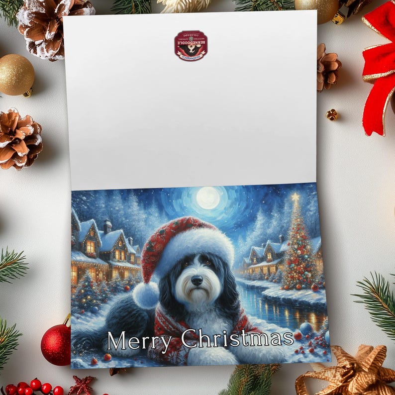 Christmas card with dog, holiday greeting card, Merry Christmas card, festive winter dog scene card, Christmas card for dog lover