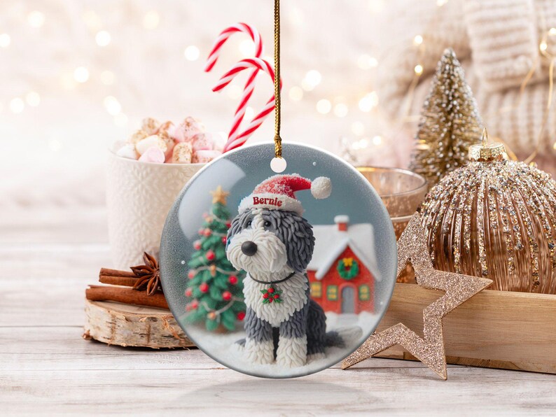 Custom Pet Ornament, Sheepadoodle Snow Scene Keepsake | Sublimation Ceramic | 3 Inch, Double Sided Bild 4