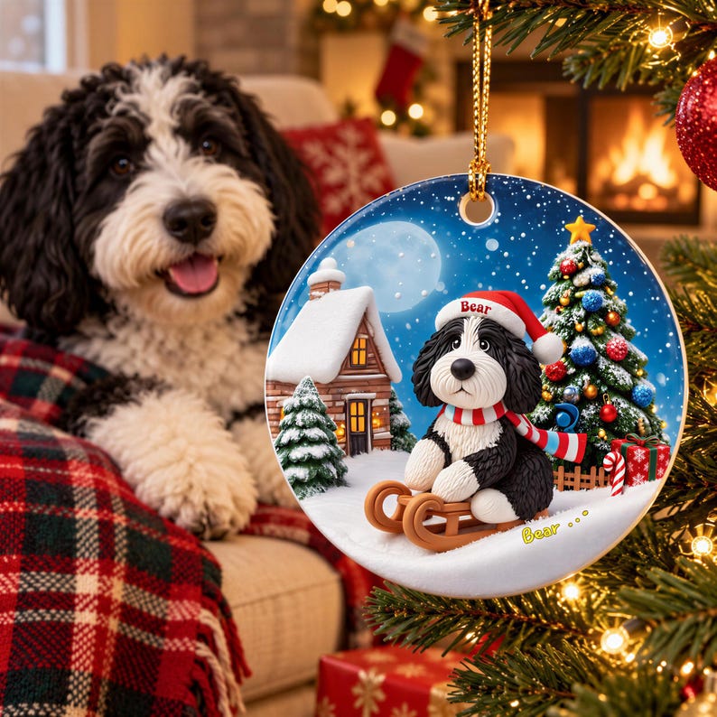 A black and white dog is sitting on a sled, wearing a Santa hat, and looking at the camera, with a Christmas tree and a fireplace in the background.