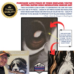 May include: A high-resolution canvas art print featuring a detailed close-up of a dog's eye and fur texture, alongside a smaller image of a person holding a 30x30 inch canvas print of a black, white, and tan dog named Bernie.