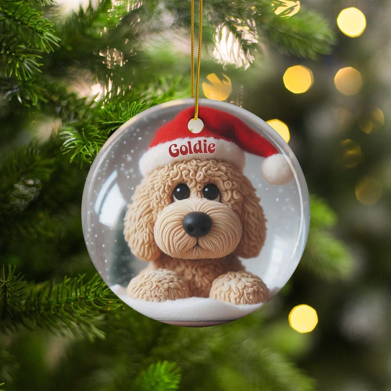 Personalized Dog Christmas Ornament, Custom Pet Holiday Decoration, Golden Retriever Puppy with Santa Hat, Christmas Tree Ornament