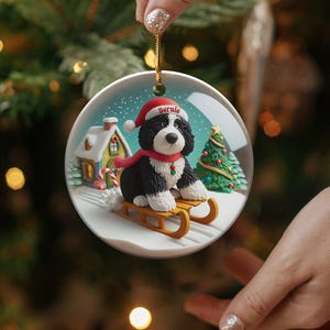 Dog Sled Snowglobe, Custom Bernedoodle Ornament | Ceramic | Double-Sided Sublimation Print, Holiday Tree Charm, 3 Inch immagine 9