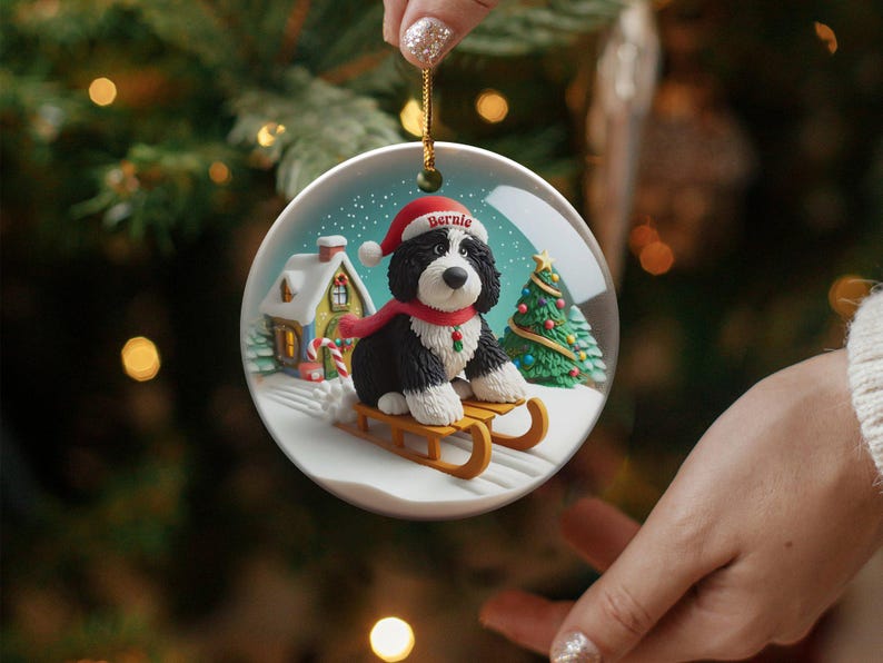 Dog Sled Snowglobe, Custom Bernedoodle Ornament | Ceramic | Double-Sided Sublimation Print, Holiday Tree Charm, 3 Inch immagine 9