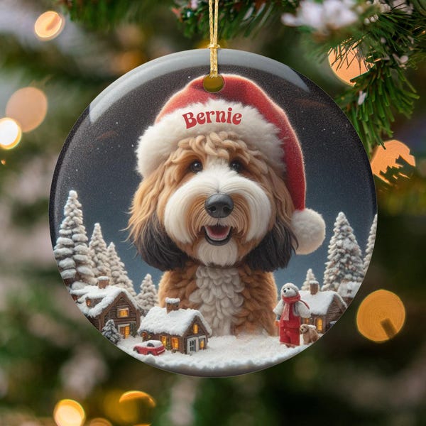 Bernedoodle Santa, Ceramic Ornament - Personalized Dog Keepsake | Custom Holiday Decor | 3 Inch Glossy Sublimation Disc