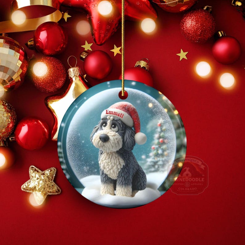 Sheepadoodle Dog Christmas Ornament, Festive Snow Scene Decor | Ceramic | Sublimation Two-Sided Keepsake image 13