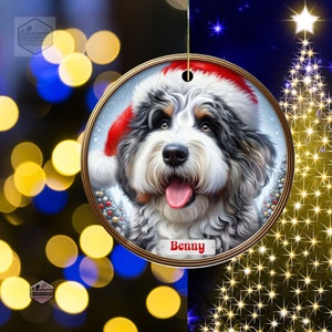 Merle Bernedoodle Fade with Hazel Eyes in a Christmas Ornament - Personalized with Your Dog's Name