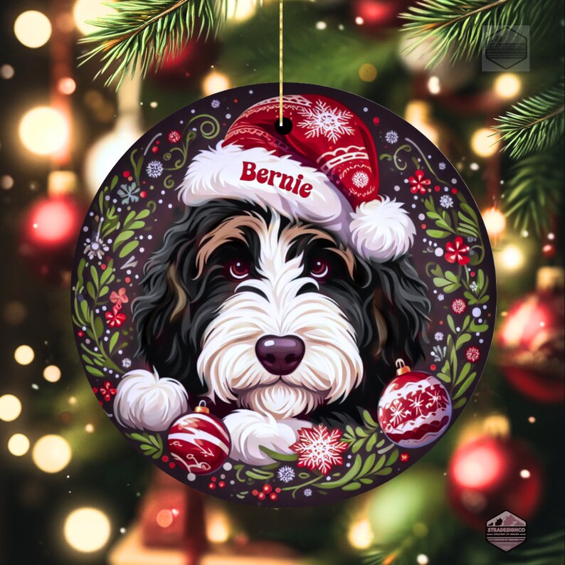 Bernedoodle ornament featuring brown eyebrows and brown highlights