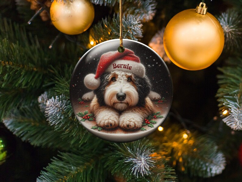 Dog Ornament Santa, Ceramic Bernedoodle Keepsake | Glossy Sublimation - 3 Inch Festive Pet Decoration | Gold String Hanger image 3
