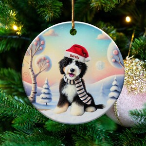 Bernedoodle Ornament, Personalized Ceramic Keepsake | Sublimation Christmas Tree Charm | Dog Lover Gift Gold String imagen 1