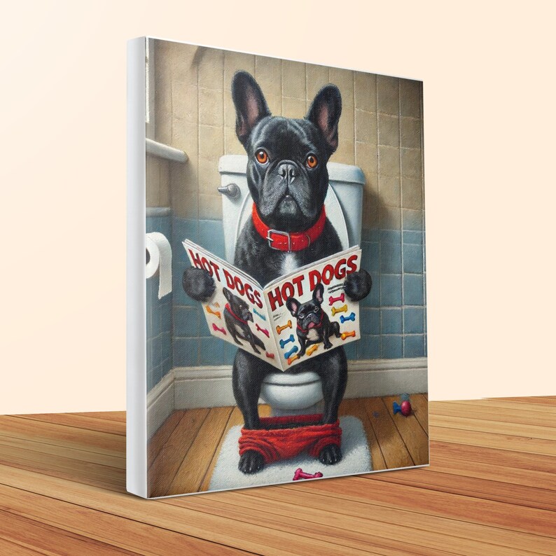 French Bulldog on Toilet Canvas, Funny Bathroom Pet Art, 20x24 image 4