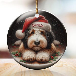 Dog Ornament Santa, Ceramic Bernedoodle Keepsake | Glossy Sublimation - 3 Inch Festive Pet Decoration | Gold String Hanger image 9