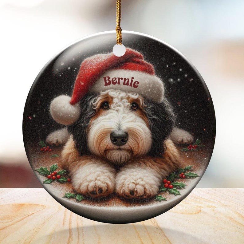 Dog Ornament Santa, Ceramic Bernedoodle Keepsake | Glossy Sublimation - 3 Inch Festive Pet Decoration | Gold String Hanger image 9