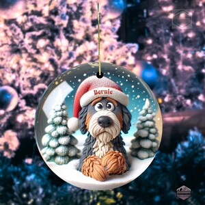 Cute clay style bernedoodle looking worried that Santa isn't coming.  Personalized bernedoodle ornament.