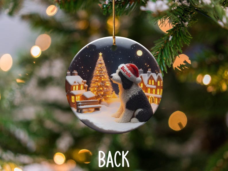 Personalized Dog Christmas Ornament, Custom Pet Holiday Decoration, Festive Winter Scene, Cute Canine Santa Hat Bauble
