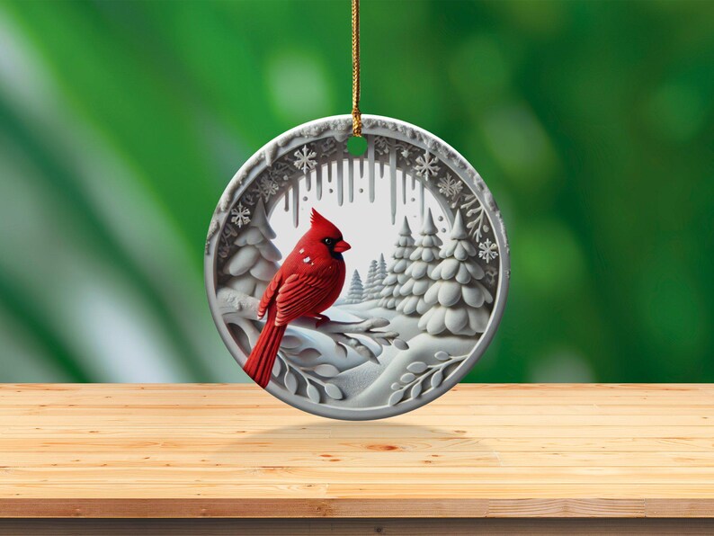 Ornement de Noël Cardinal : Scène d'hiver en céramique de collection image 3