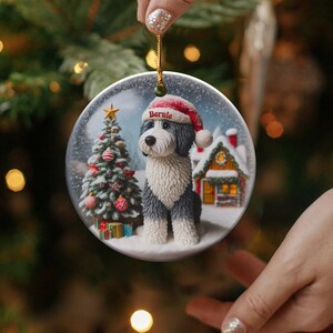 Dog Ceramic Ornament, Sheepadoodle Keepsake - Sublimation Art | Festive Dog Decor, Double Sided Artwork | 3 Inch Christmas Gift image 3