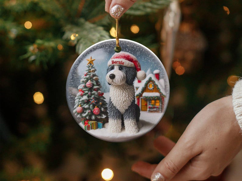 Dog Ceramic Ornament, Sheepadoodle Keepsake - Sublimation Art | Festive Dog Decor, Double Sided Artwork | 3 Inch Christmas Gift image 3