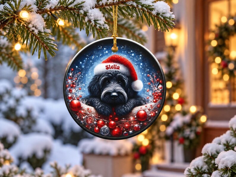 May include: A round ceramic Christmas ornament featuring a black dog wearing a red Santa hat with the name Stella printed on the brim. The dog is surrounded by red berries and ornaments against a dark blue snowy background with a gold string.