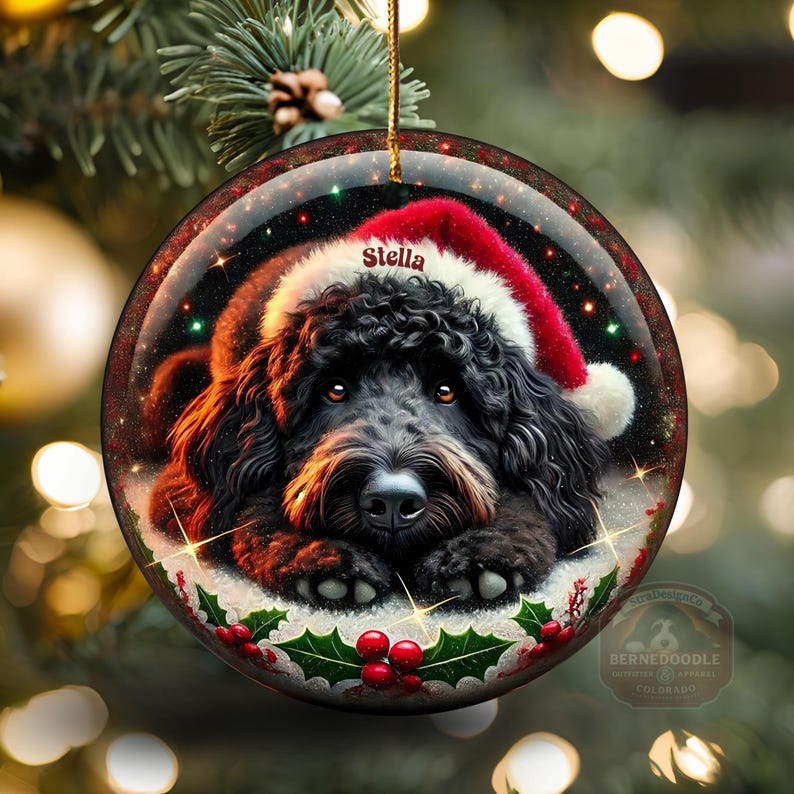 Black bernedoodle or labradoodle dog ceramic ornament show hanging with a gold string.  The ornament measures 3 inches in diameter and is a full gloss, printed on both sides.