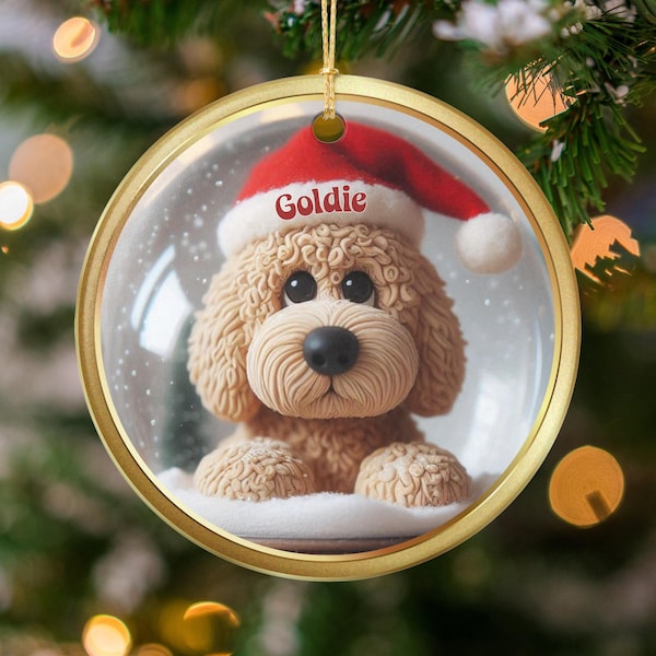 Custom Name Ornament - Goldendoodle Santa Hat Ceramic, Two-Sided Sublimation Decor - Holiday Dog Lover Gift, Festive Keepsake