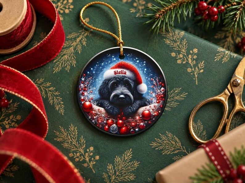May include: A round ceramic Christmas ornament featuring a black dog wearing a red and white Santa hat with the name Stella printed on the brim. The dog is surrounded by red berries, sparkling lights, and a snowy blue background.
