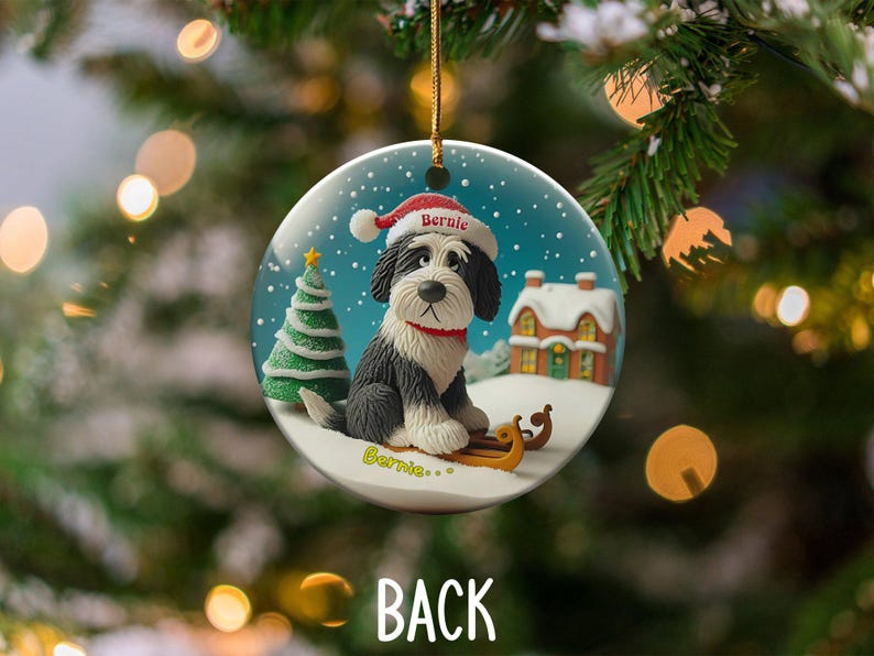 Festive Dog On, Bernedoodle Sledding Ornament | Ceramic Sublimation | 3 Inch Snow Globe Style Bild 5