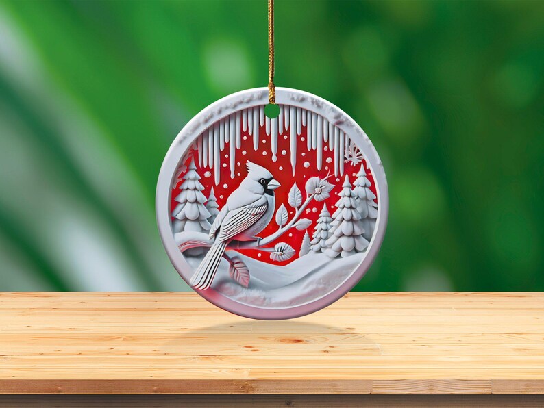Cardinal in Winter Wonderland Ceramic Ornament, Original Design With Textured Appearance, Unique Holiday Home Decor, Beautiful Seasonal Gift image 7