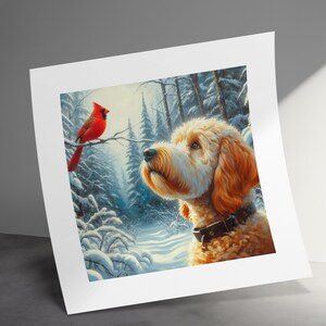 Bernedoodle- und Kardinal-Winter-Leinwandbild, Geschenk für Hundeliebhaber Bild 6