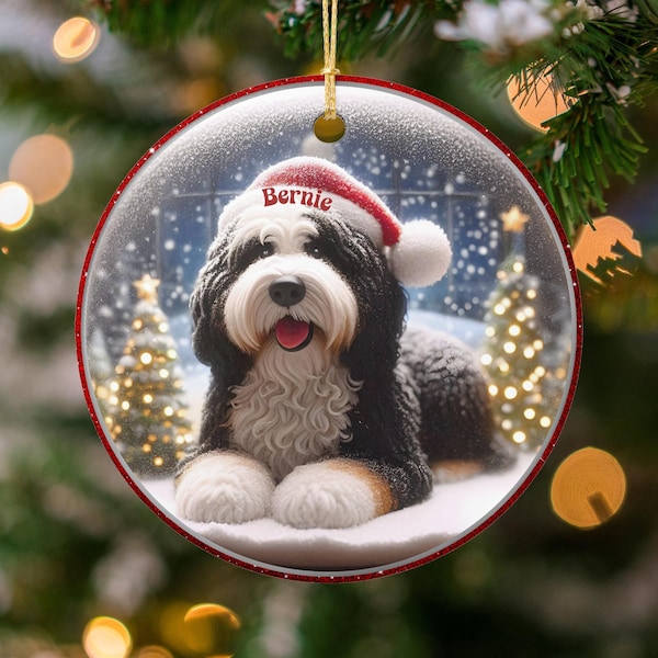 Custom Dog Ornament, Bernedoodle Santa Hat Keepsake | Ceramic | Double Sided Sublimation Holiday Decor