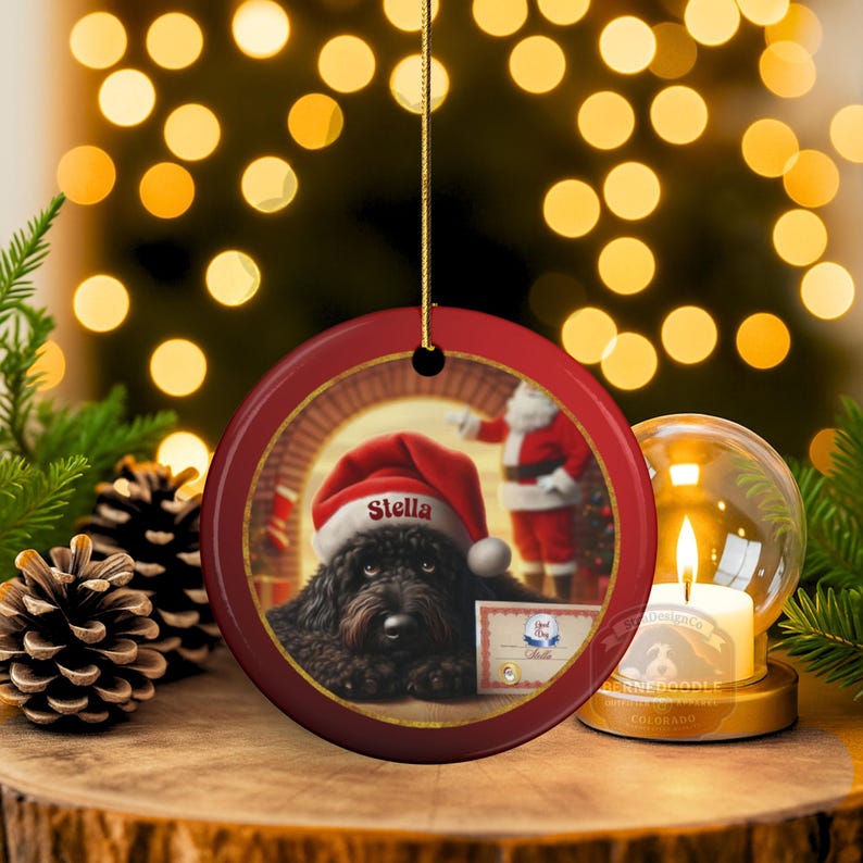 This ceramic ornament features a cute black goldendoodle (or Labradoodle)...Or black bernedoodle dog wearing a Santa hat and being on their best behavior for Santa, surrounded by holiday decorations.  Three inch ceramic dog ornament with a black bernedoodle black golden doodle black goldendoodle dog wearing a santa hat on this cute dog ornament gift.  Perfect ornament for a dog person, dog lover, doodle mom or doodle dad.