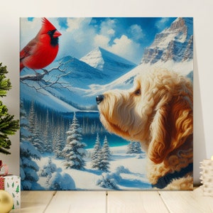Goldendoodle Dog and Cardinal Art, Choose Canvas or Poster, Dogs and Red Cardinal, white Goldendoodle, Pet Person Gift, Doodle Mom Dad Gifts