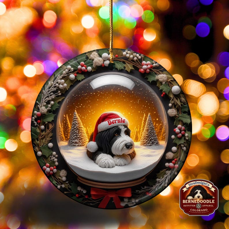 May include: A round Christmas ornament featuring a snow globe design with a Bernedoodle dog wearing a Santa hat that says "Bernie". The ornament is surrounded by a wreath of holly and berries, with a red bow at the bottom. The background is a bokeh of Christmas lights.