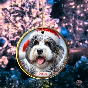 Merle Bernedoodle Fade with Hazel Eyes in a Christmas Ornament - Personalized with Your Dog's Name