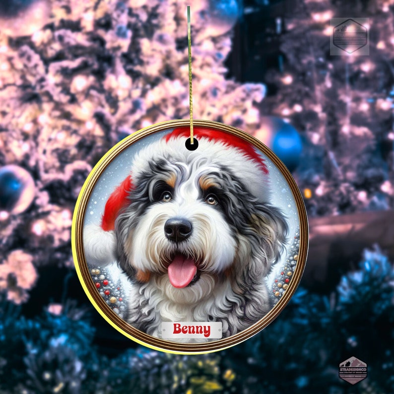 Merle Bernedoodle Fade with Hazel Eyes in a Christmas Ornament - Personalized with Your Dog's Name