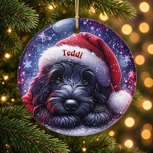 May include: A round ceramic Christmas ornament featuring a fluffy black dog wearing a red Santa hat with white trim. The name Teddi is printed in red on the white hat brim. The background is a dark purple starry night sky with snowflakes.