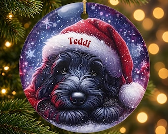 Black Doodle Dog Wearing a Santa Hat Christmas Ornament Two Sided Personalized Ceramic Ornament