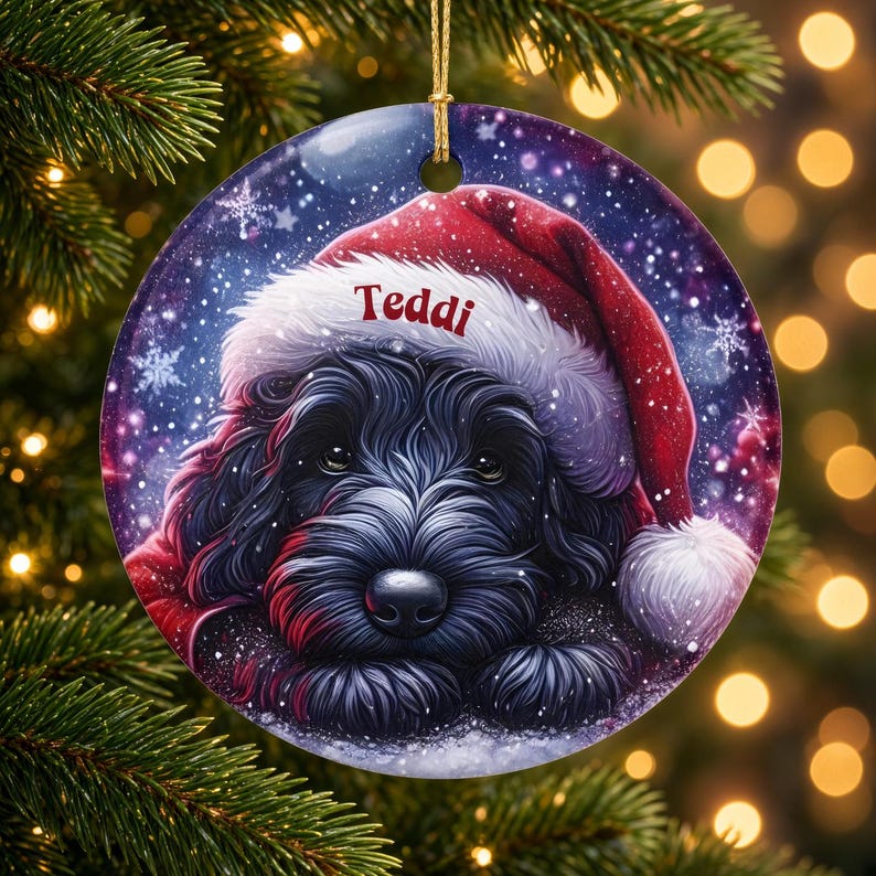 May include: A round ceramic Christmas ornament featuring a fluffy black dog wearing a red Santa hat with white trim. The name Teddi is printed in red on the white hat brim. The background is a dark purple starry night sky with snowflakes.