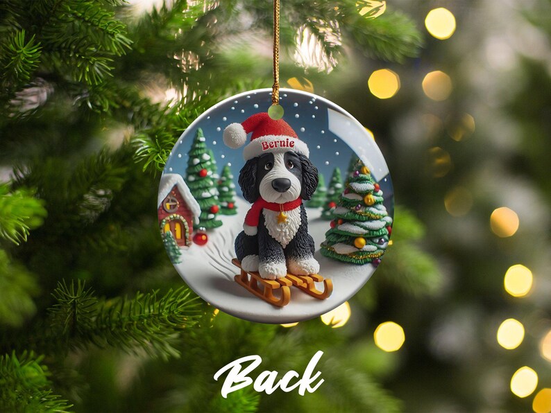 Bernedoodle Ornament, Festive Dog Sled - Snow Globe Style (3 Inch Ceramic, Sublimation) immagine 5
