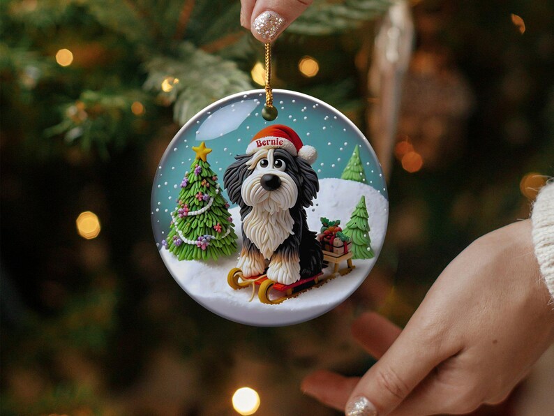 Bernedoodle Sledding, Snow Globe Style Ornament | Ceramic | 3 Inch Personalized Double Sided Keepsake afbeelding 9