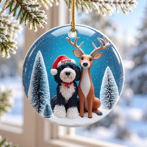 Bernedoodle and Deer Friend Ceramic Christmas Ornament - Two-Sided Doodle Dog Keepsake