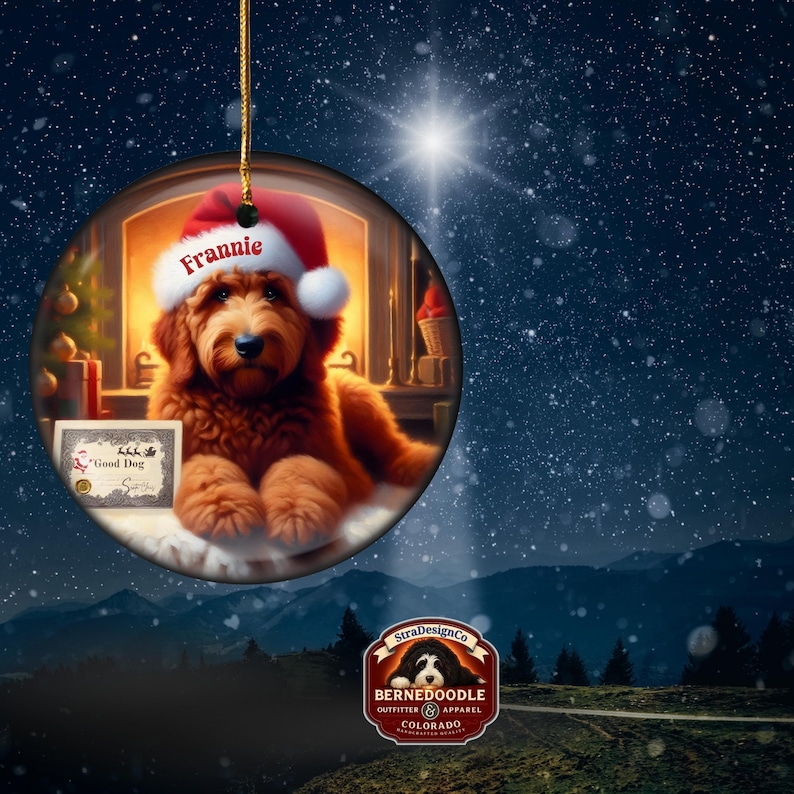 Pu&ograve; includere: Ornamento natalizio rotondo con un cane marrone che indossa un cappello da Babbo Natale con il nome "Frannie". Il cane &egrave; di fronte a una scena di camino. &Egrave; visibile un certificato "Good Dog". L'ornamento &egrave; sospeso su uno sfondo di notte stellata.