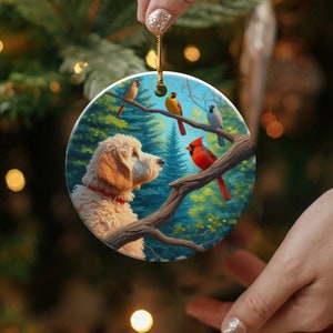 Keramikornament mit Kardinal und Goldendoodle, Design im Ölgemälde-Stil, Geschenk für Kardinalliebhaber, Muttertag, Vogelliebhaber, Geschenk für Doodle-Mütter Bild 5
