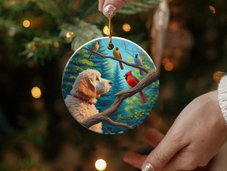 Keramikornament mit Kardinal und Goldendoodle, Design im Ölgemälde-Stil, Geschenk für Kardinalliebhaber, Muttertag, Vogelliebhaber, Geschenk für Doodle-Mütter Bild 5