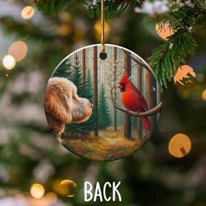 Cardinal and Goldendoodle Ceramic Ornament, Stained Glass Design, Cardinal gift, Mothers Day Gift, Bird Lovers Gift, Custom stained glass look, cardinal