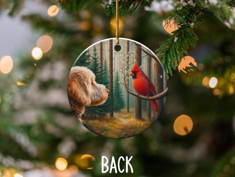 Cardinal and Goldendoodle Ceramic Ornament, Stained Glass Design, Cardinal gift, Mothers Day Gift, Bird Lovers Gift, Custom stained glass look, cardinal