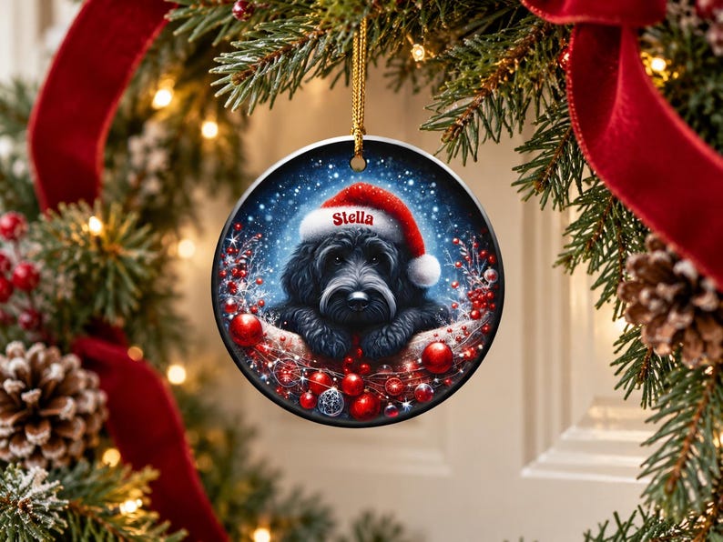 May include: A round ceramic Christmas ornament featuring a black dog wearing a red Santa hat with the name Stella printed on the brim. The dog is surrounded by red berries and ornaments against a dark blue, snowy background.