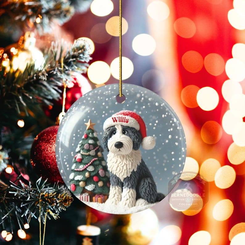 Personalized Sheepadoodle Christmas Ornament, Snow Globe Art Dog Keepsake | Two-Sided Ceramic 3 Inch | Doodle Mom Gift image 8