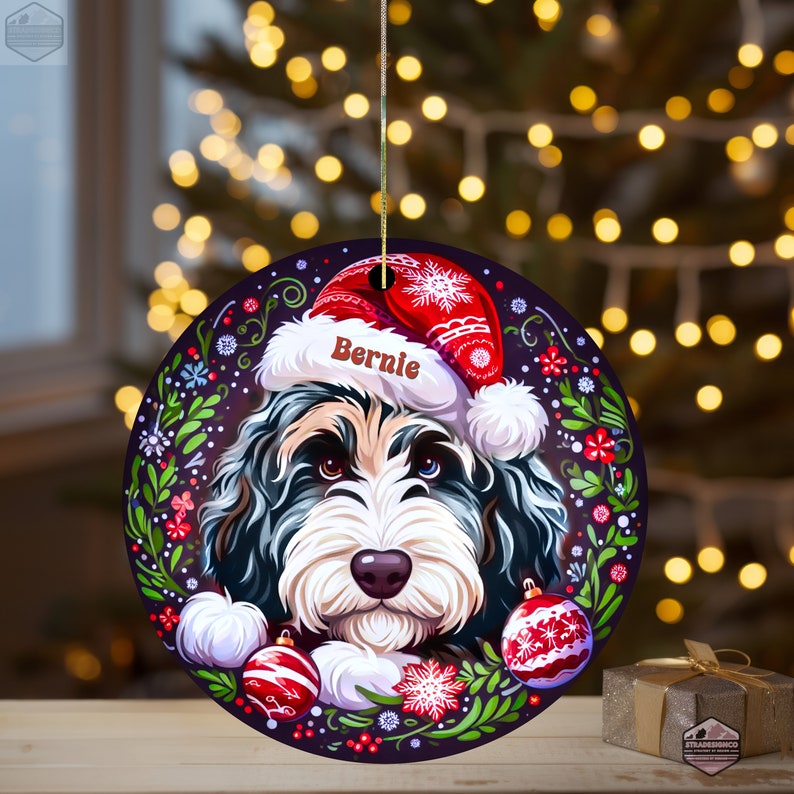 Merle Bernedoodle ceramic ornament with one blue eye and one brown eye!