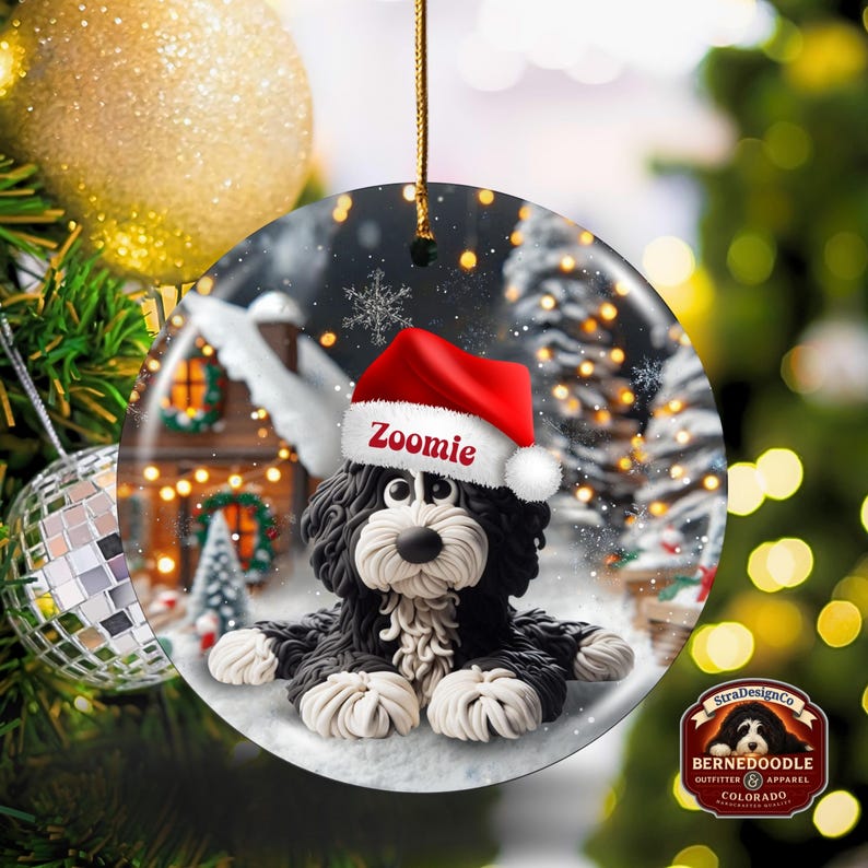 May include: A round Christmas ornament featuring a black and white Bernedoodle dog wearing a red Santa hat with the name "Zoomie". The ornament has a winter scene background with a snowy house and trees. A gold string is attached for hanging.